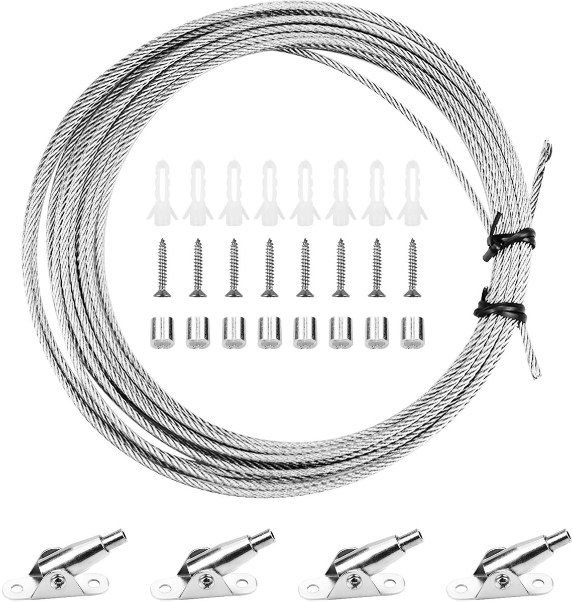 Verstelbare staalkabel 2 mm - 10 m roestvrijstalen kabel - met 4 montageklemmen - ideaal voor gordijnen - ShopVlot