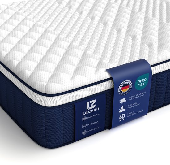 Lexzurn Matras 160x200 cm - 25cm - Pocketvering Matras - 7-Zones - Orthopedisch - Anti-Allergie - Traagschuim - Gemiddelde Stevigheid