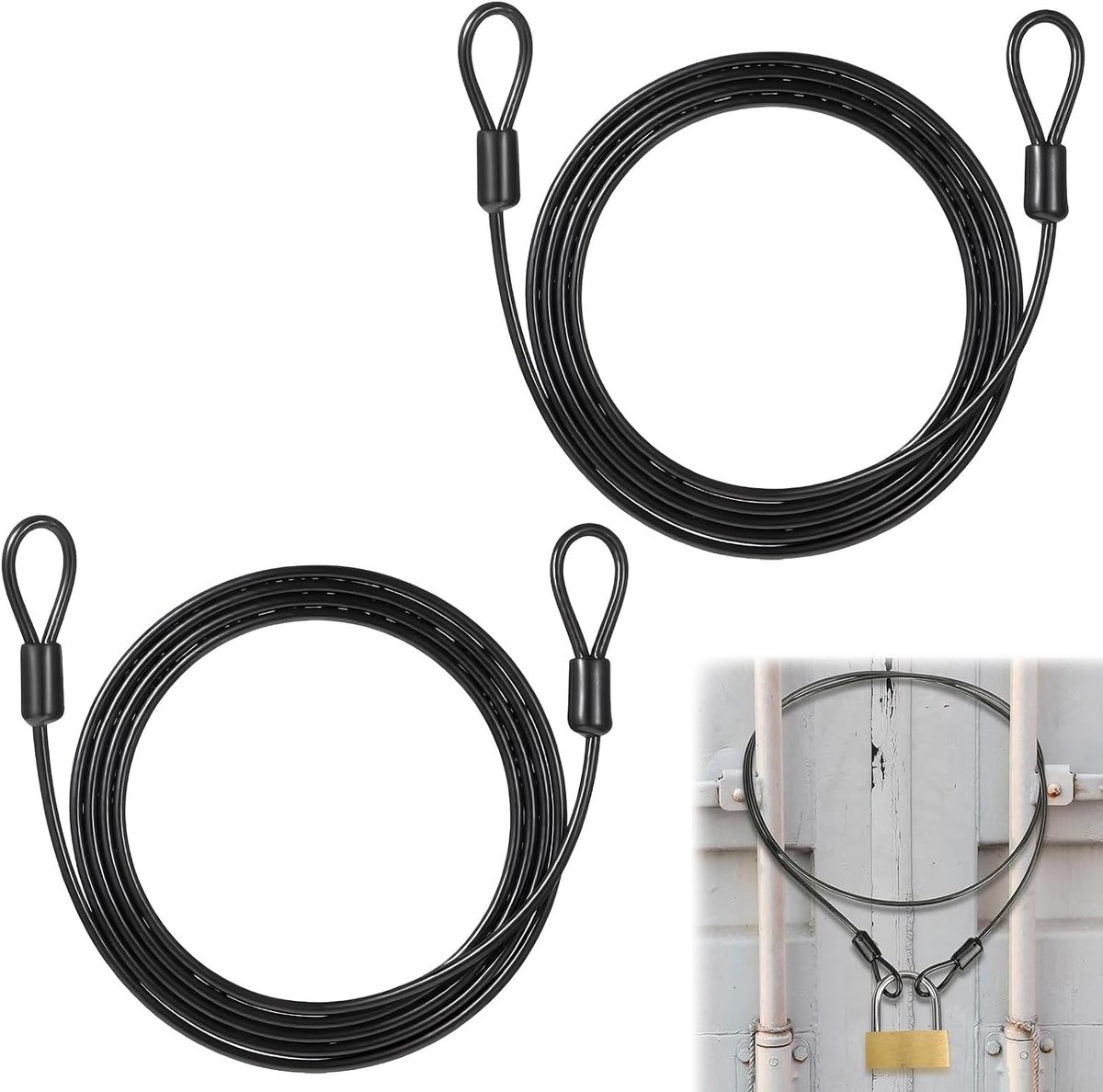 Set van 2 Luskabels - Zwart - 2 m - Stalen Kabel met Ogen - Voor Beveiliging van Fietsen en Tuinmeubelen