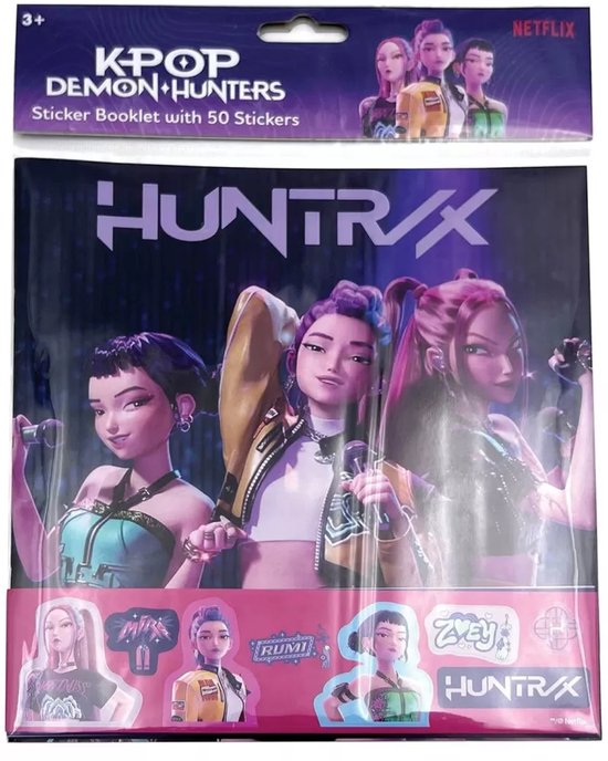 K-Pop Demon Hunters Stickerboek met 50 stickers en 4 hoofdpersonages op de voorkant.
