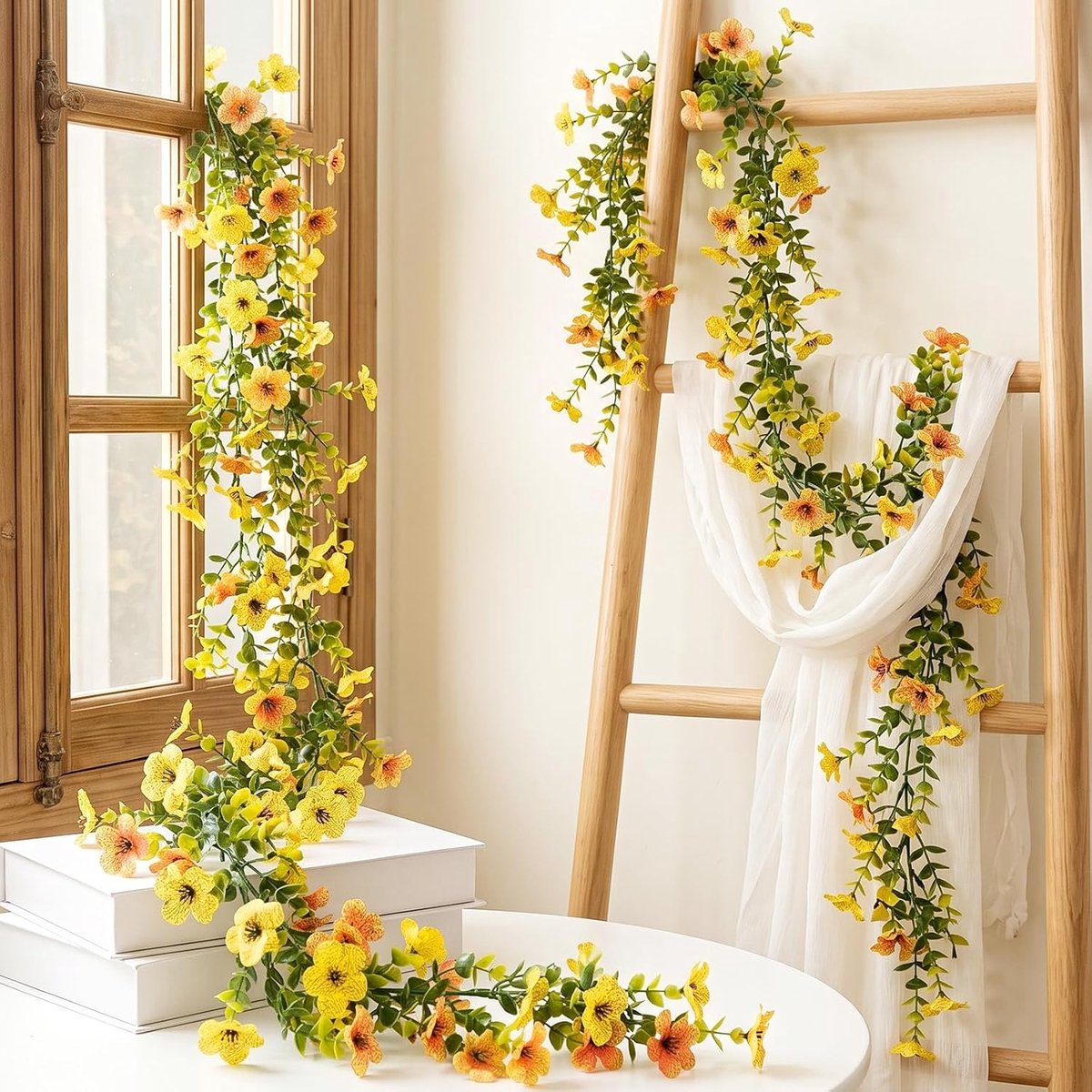 2 stuks bloemenslinger, decoratie, geel-oranje, 180 cm, kunstmatige vioolrank, decoratie, kunstbloemen, hangend, 126 - ShopVlot