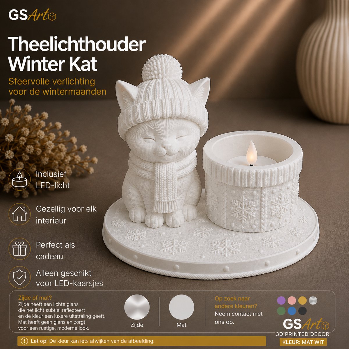 GSArt Theelichthouder Winter Kat – Inclusief LED-kaarsje - Mat Wit