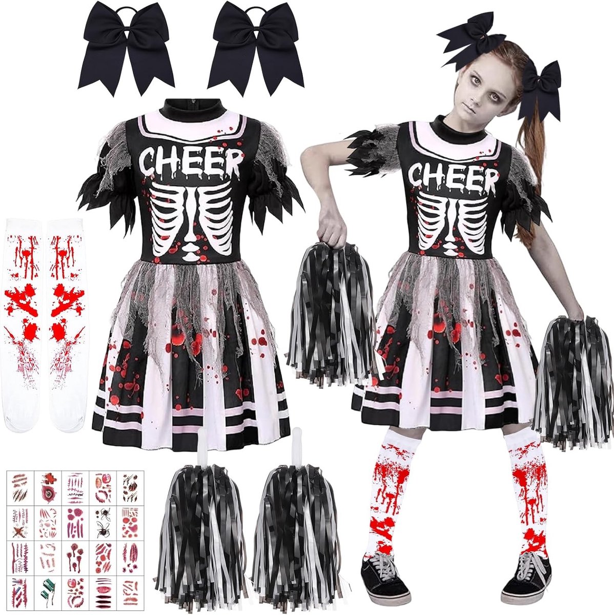 Zombie Cheerleader Kostuum voor Kinderen en Dames - Skelet Jurk voor Halloween en Carnavalsfeesten