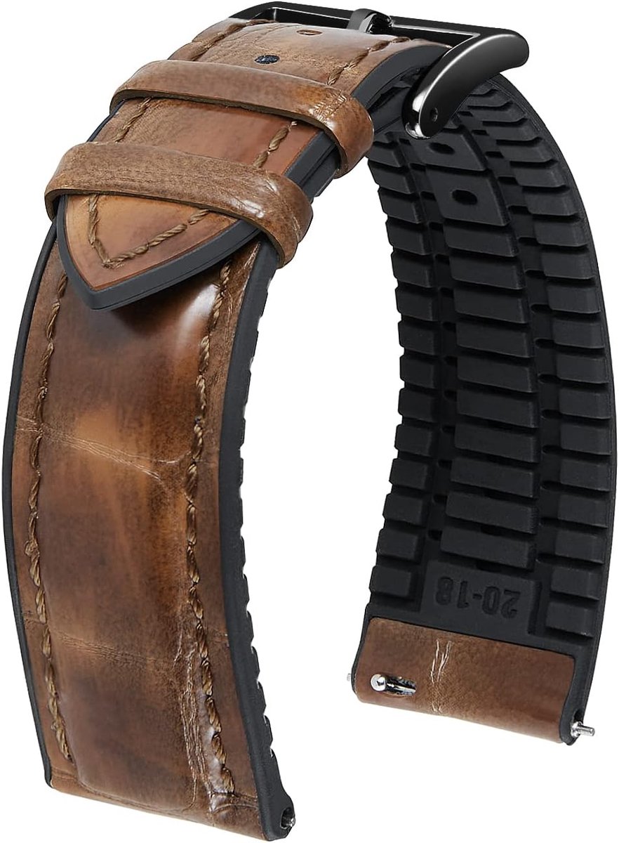 BINLUN Leather Watchband 14mm 16mm 18mm 19mm 20mm 21mm 22mm Alligator Pattern Leather and Silicone Hybrid Watchbands - ShopVlot
