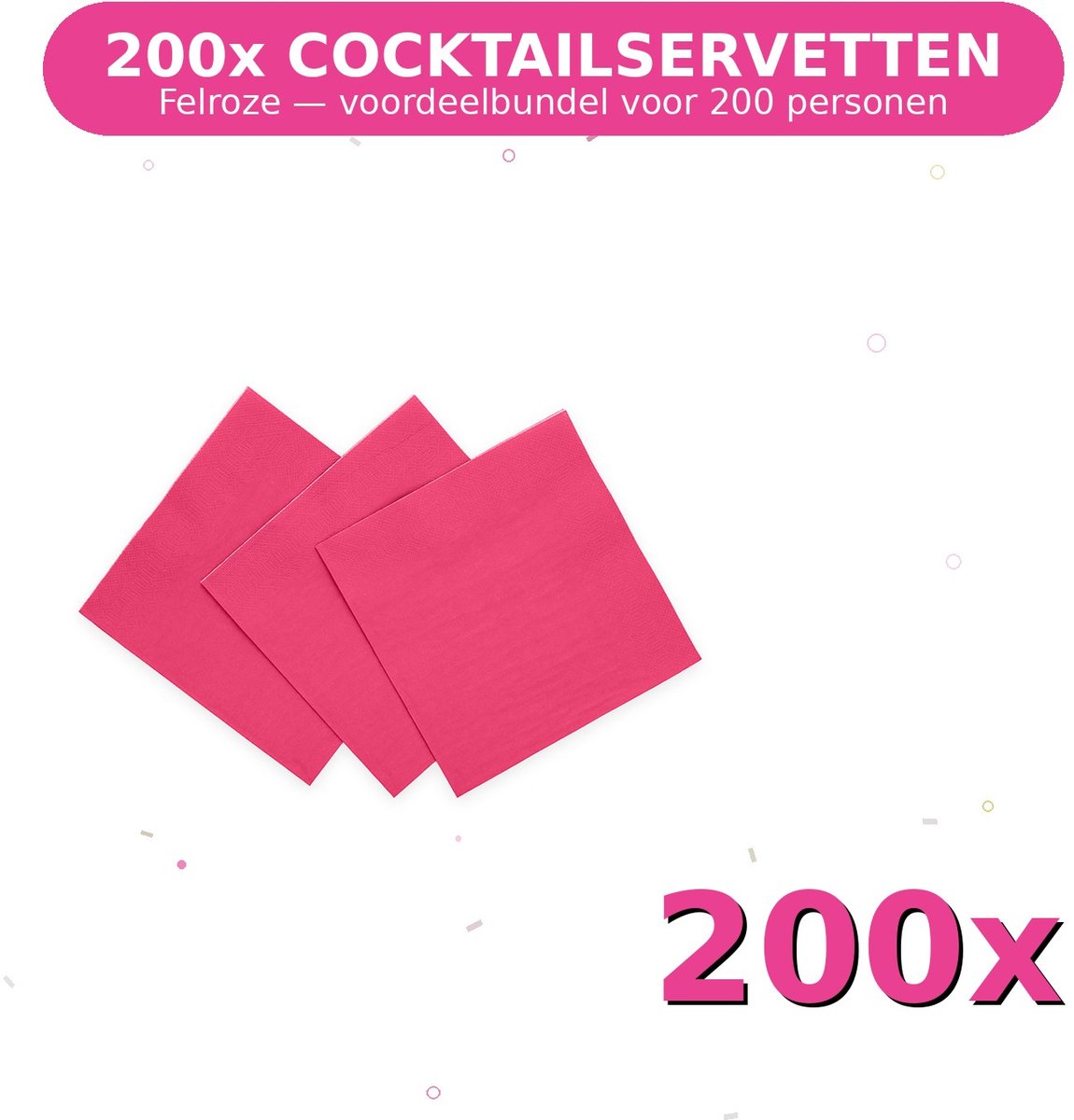 Cocktail servetten 24x24cm FSC Felroze - Voordeelverpakking 200 Stuks voor tot 200 Personen - Feestartikelen