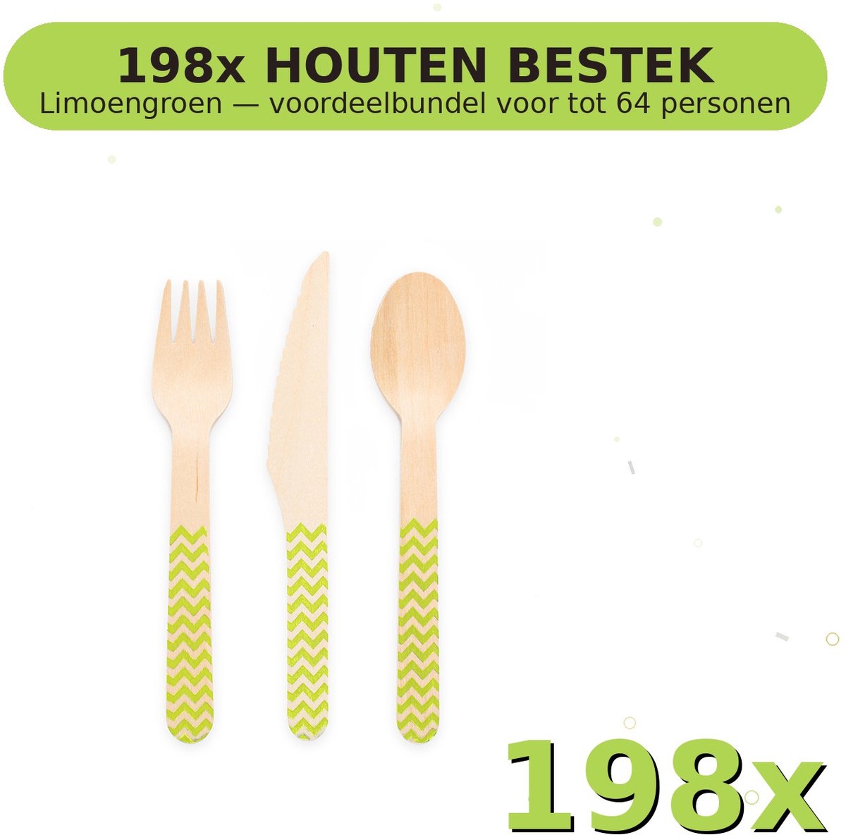 Houten bestek FSC Limoengroen - Voordeelverpakking 198 Stuks voor tot 64 Personen - Feestartikelen