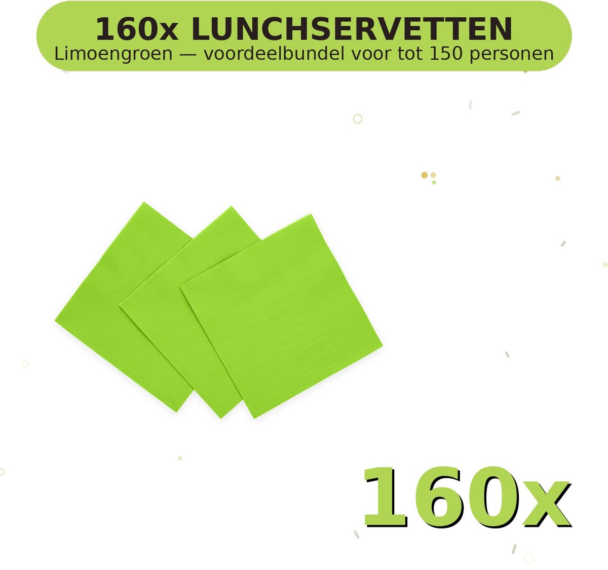 Lunch servetten 33x33cm FSC Limoengroen - Voordeelverpakking 160 Stuks voor tot 150 Personen - Feestartikelen