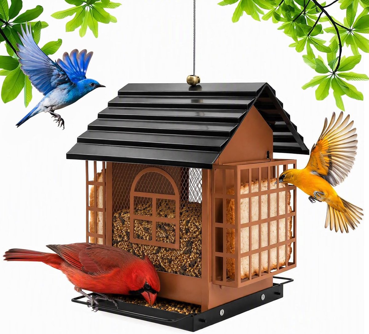 Metalen vogelvoederbak met 2 Suet Cakekooien voor buiten om op te hangen, eekhoornbestendige wilde vogelzaadfeeder met - ShopVlot