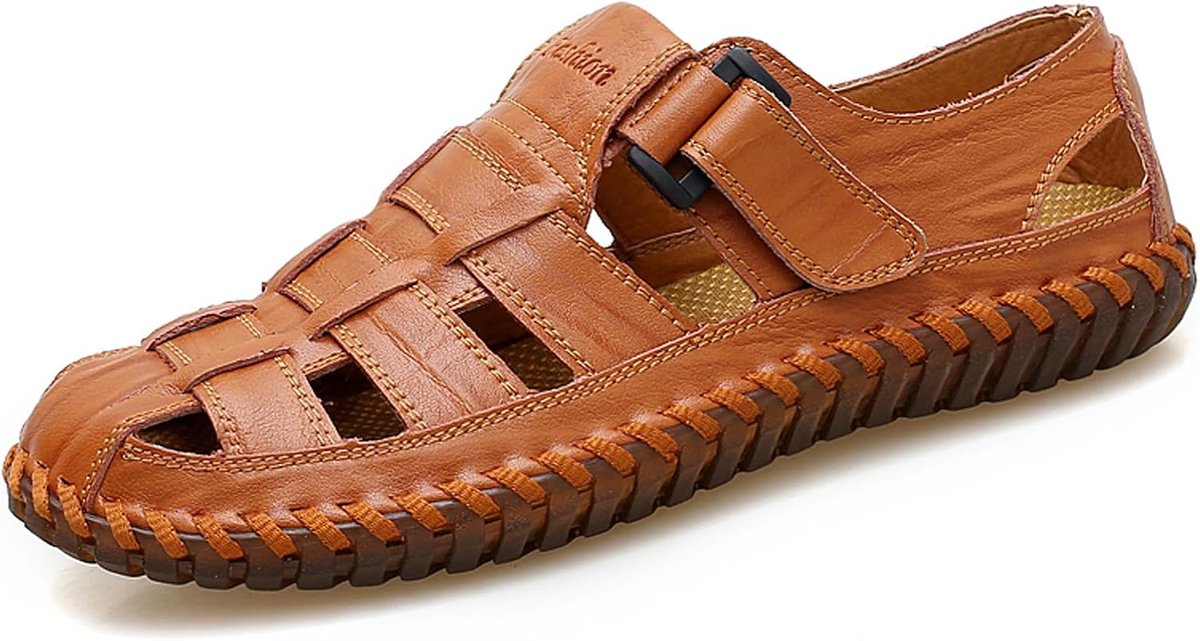 Moodeng Men's Sandals Outdoor Leather Summer Outdoor Sandals Sports Trekking Beach Closed Velcro Trekking Hiking Shoes - ShopVlot