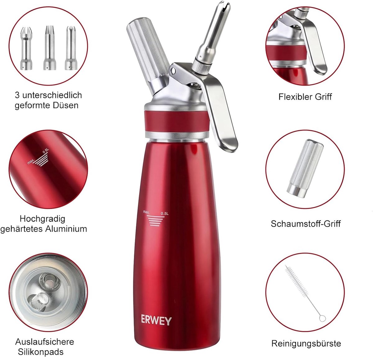 ERWEY Chantilly Siphon 500 ml, Chantilly Siphon Aluminium Kitchen Siphons with 3 Nozzles and 1 Cleaning Brush - ShopVlot