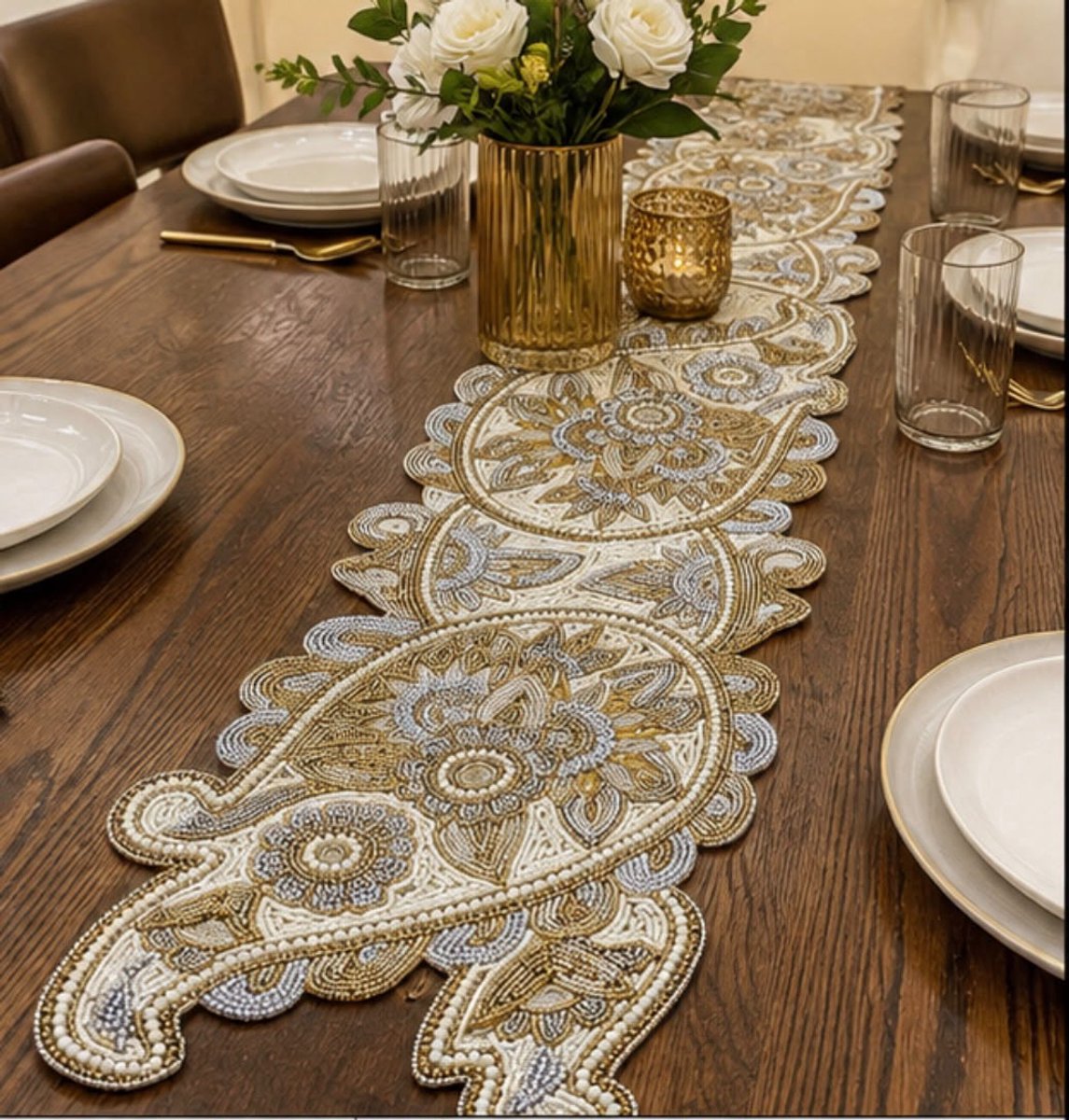 Vedantan Luxury Floral Table Runner - 1 Piece - Beads Handwork - Luxury Design - Scratch Resistant Heat Resistant -13x36 Inches - 33 x 91 cms - Dining Room - Living Room - Table Decoration - Gold White and Silver