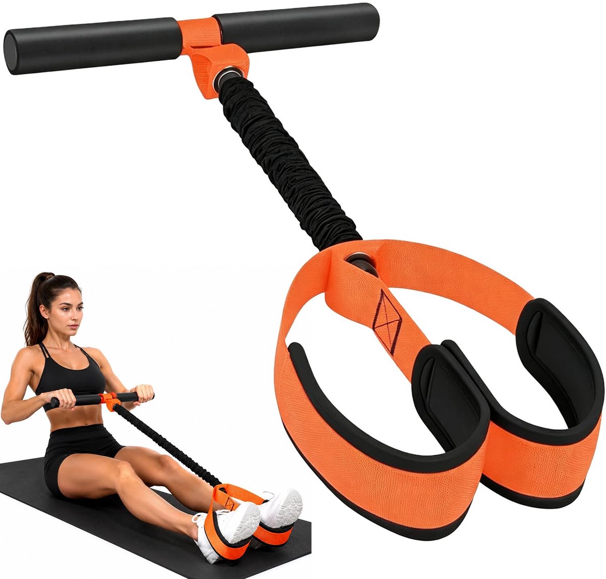 Weerstandband met voetpedalen en handgrepen - 25 kg - oranje - full body fitness thuisgebruik - ShopVlot