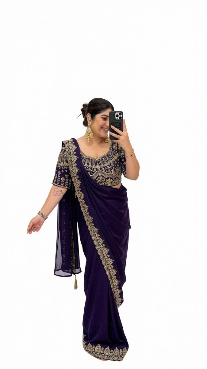Simhera Threads Premium Deep Purple Designer Saree with Heavy Golden Embroidery Border & Embroidered Blouse