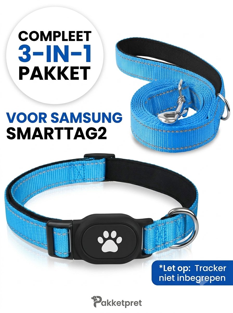 Samsung SmartTag2 Honden Halsband Set Licht Blauw - Inclusief Bijpassende Hondenriem (180 cm), GPS Tracker Houder & Dubbele Veiligheidssluiting - Reflecterend & Verstelbaar - Pakketpret