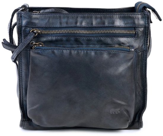 Donkerblauwe leren crossbodytas van Bear Design met meerdere ritsvakken en een Bear Design logo.