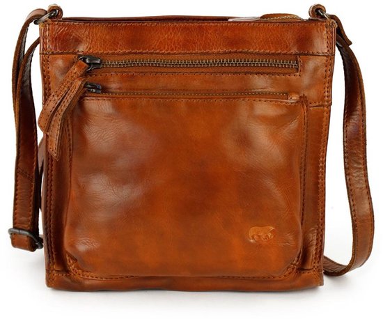 Bruine leren crossbodytas met ritsvakken, een open vak en een geborduurd berenlogo.