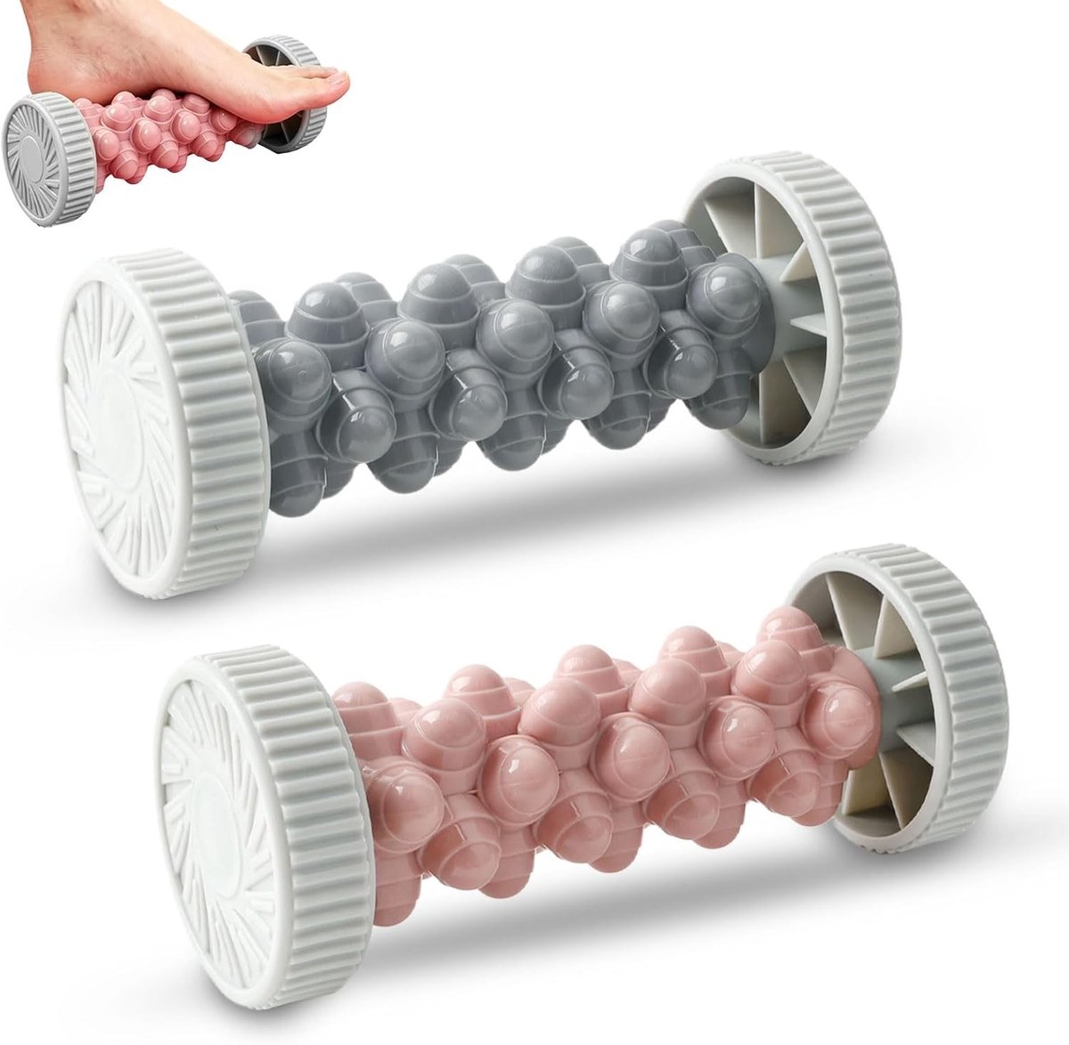 Voetmassageroller set voor plantaire fasciitis, pijnverlichting en ontspanning van voeten en handen, draagbaar met noppen (roze + grijs)