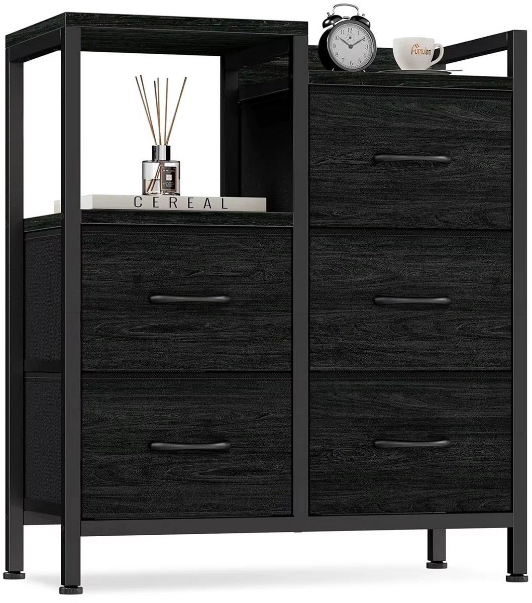 Stervia Archiefkast - 5 Lades - Open Opbergplank - Stalen Frame - Stoffen Lades - Zwart - 63 x 29 x 75 cm