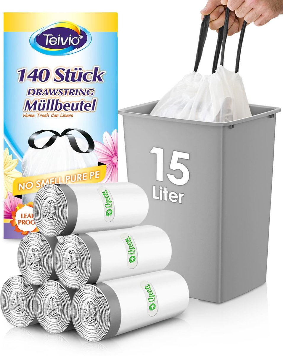 Vuilniszakken 15 liter - sterke trekkoord - 140 stuks - geschikt voor 10-15 liter afvalemmers - ShopVlot