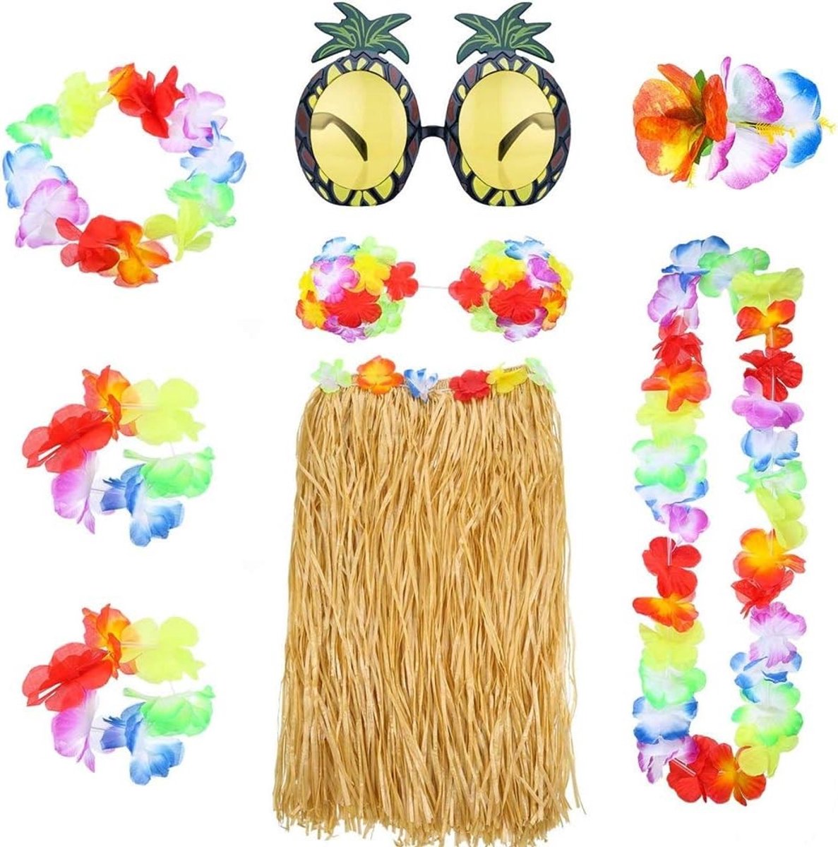Hula Grass Skirt Set voor Hawaii Thema Feest - 8 Delige Kostuums met Sieraden en Accessoires voor Dames en Meisjes, Perfect voor Luau en Strandactiviteiten