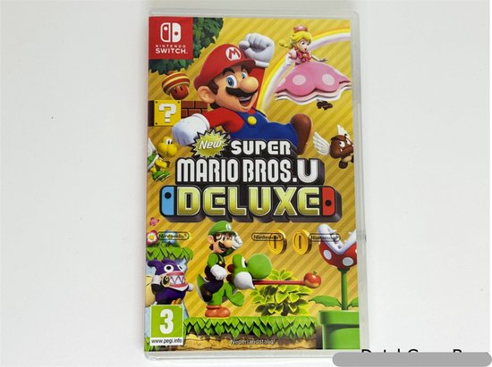 New Super Mario Bros. U Deluxe Nintendo Switch gamehoes met Mario, Luigi, Toad, Yoshi en Prinses Peach.