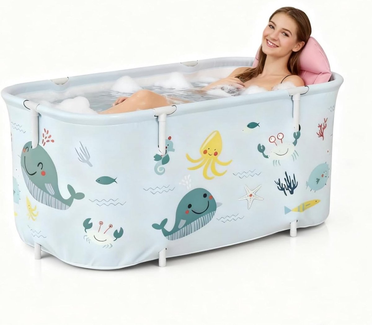 Opvouwbare badkuip voor volwassenen 140x50x55 cm draagbaar met kussen en rugleuning SPA bad vrijstaand oceaanstijl