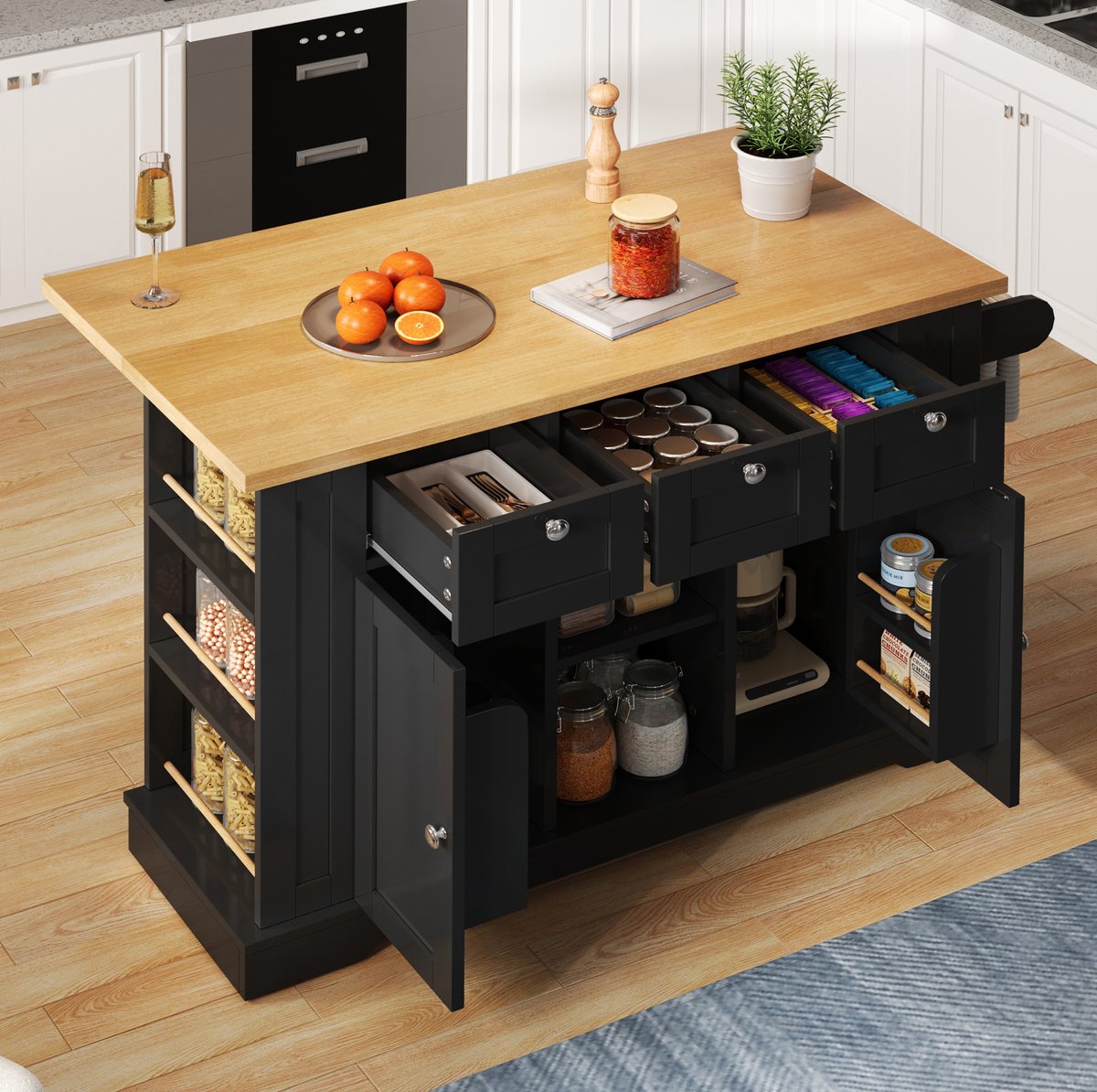 COVREO Keukenkast 132 x 40-70 x 87 cm - met klapbaar werkblad, 3 laden, wielen en stopcontact