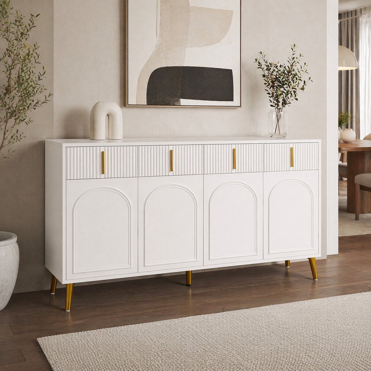 COVREO Dressoir 140 x 38 x 82 cm - 4 deuren, 4 lades, verstelbare planken, wit