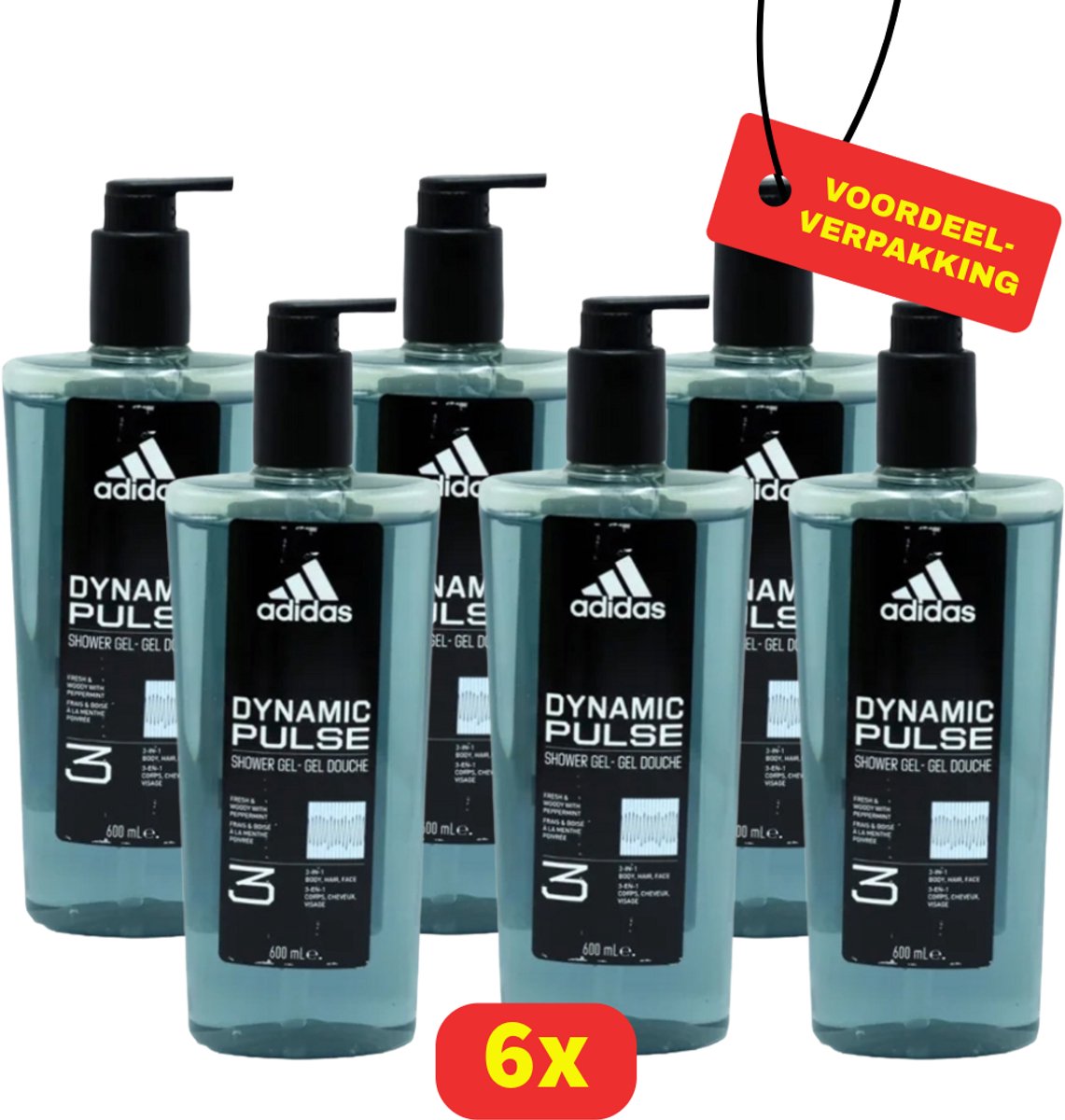 Adidas Dynamic Pulse 3-in-1 Douchegel met Pomp – Lichaam, Gezicht & Haar – 6x 600 ml - Voordeelverpakking!