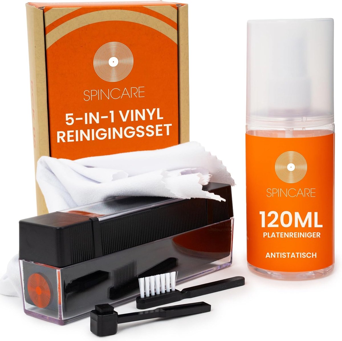 Thijox - Spincare Vinyl Reinigingsset 5-in-1 | Complete Vinyl Cleaner Set met Fluwelen Platenborstel, Antistatische Reinigingsspray 120 ml, Naaldborst