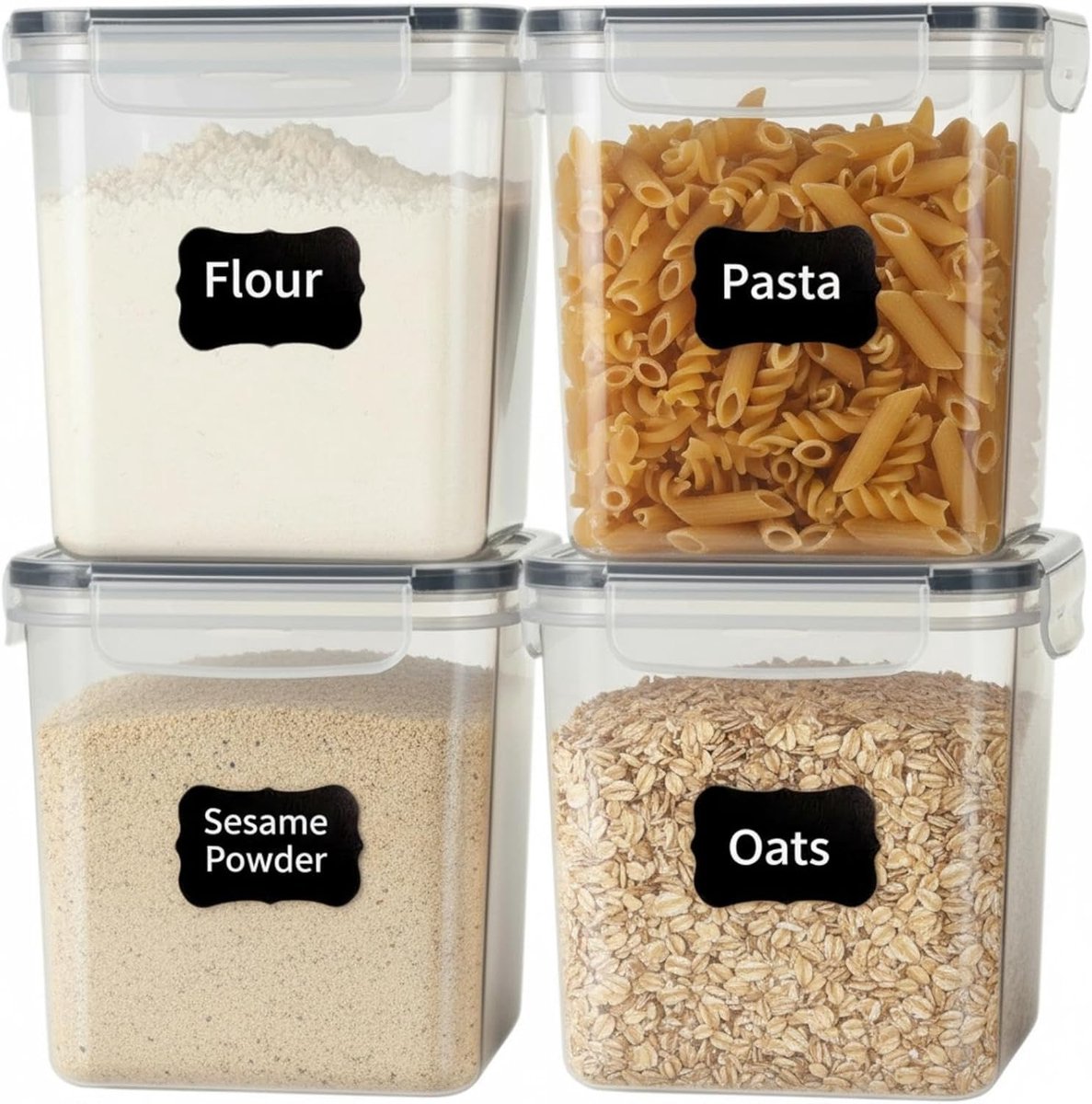 Thijox - 4-pak luchtdichte voedselopslagcontainers 2,5L, BPA-vrij plastic voor granen, rijst, pasta en meer met deksels, inclusief etiketten voor keuk