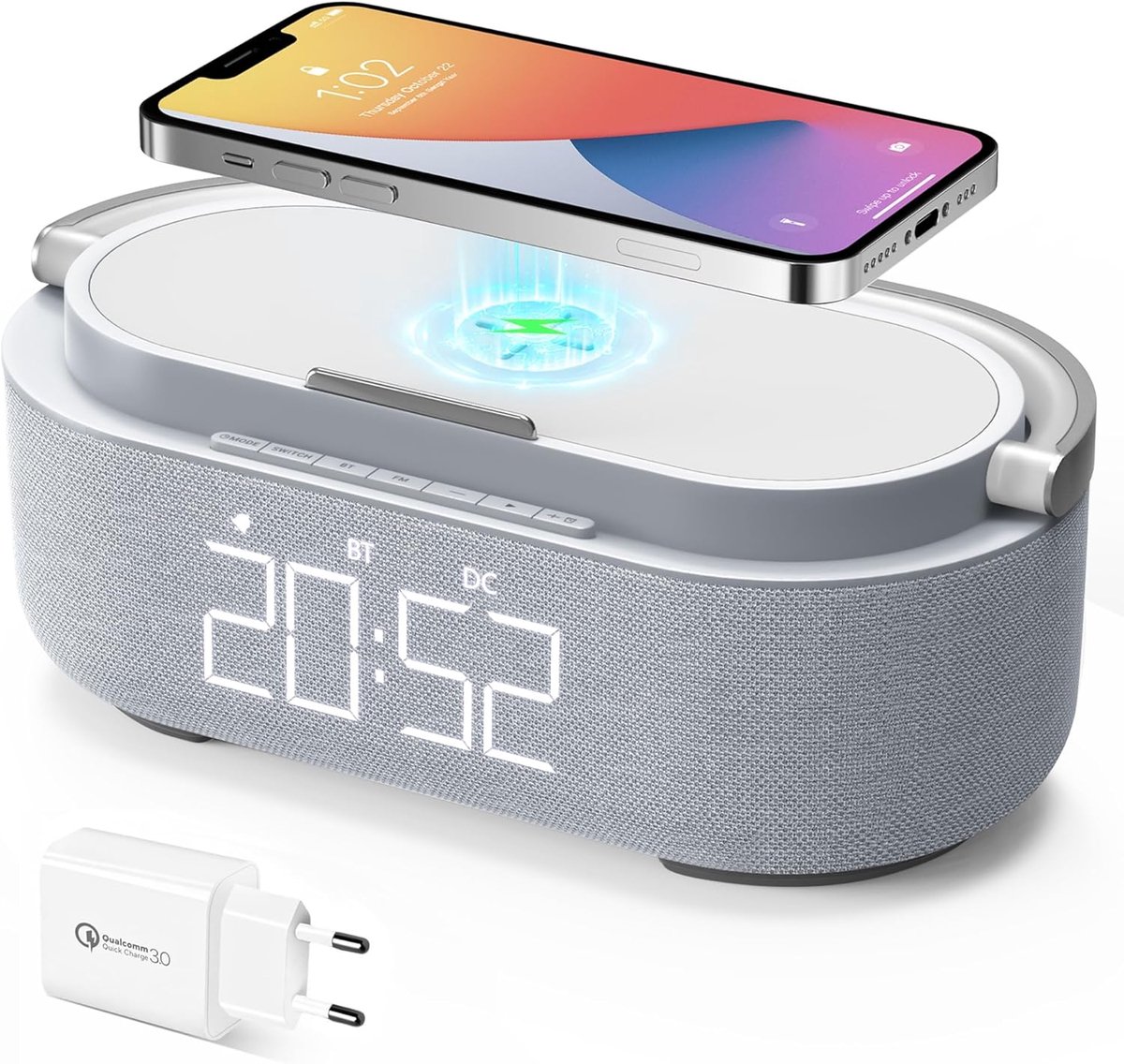 SnelShoppen - Digitale Wekkerradio met Draadloze Oplader, Bluetooth-Luidspreker, USB-Oplader, Slimme Nachtlamp, Inductief Laadstation, Dimbaar LED-Dis