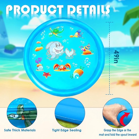 Water speelmat kinderen - Sproeimat met watersproeiers - Antislip splash pad - Opvouwbaar - PVC - 100 x 100 cm Blauw — afbeelding 5