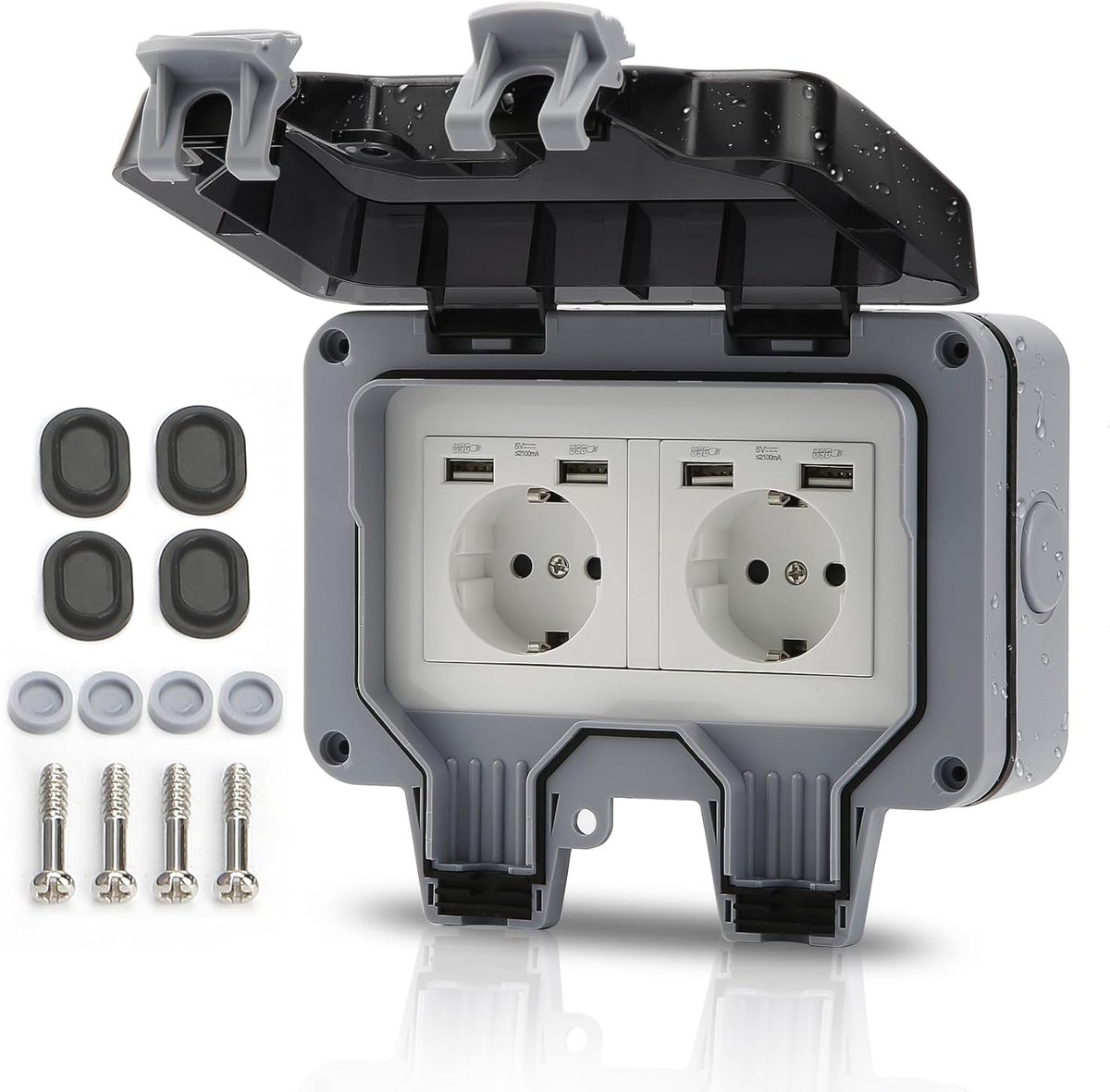 Buitenstopcontact, IP66 waterdicht, 2-voudig stopcontact, voor buiten met USB-aansluitingen, wandcontactdoos, tuinstopcontact met klapdeksel, voor binnen en buiten