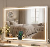 OMNIEXA LED Strip Make-up Spiegel 80×60cm XL – Bluetooth Speaker – 3 Lichtkleuren – Dimbaar – USB-C & USB-A – 10× Vergrotingsspiegel – Wand/Tafel – Wit