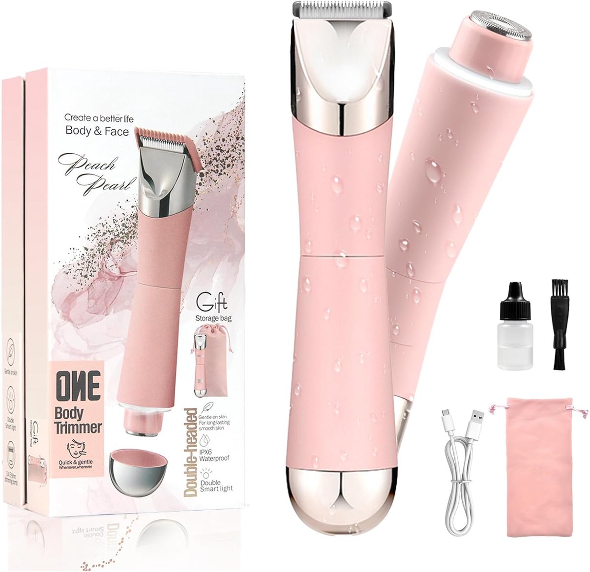 SnelShoppen - Bikinitrimmer voor Vrouwen, 2-in-1 Gezichtshaarverwijderaar, Oplaadbare Damestrimmer voor Bikinilijn, Lichaam, Benen, IPX7 Waterdicht, N