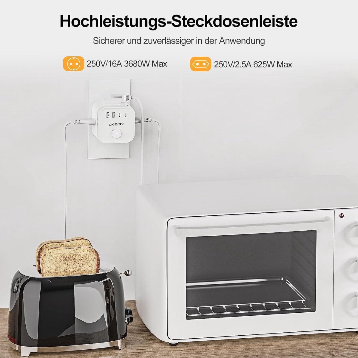 Thijox - Stekkerkubus 3-voudig met 4 USB-poorten, 7-in-1, 3680 W, USB-C, Meervoudige Stekkerdoos met Schakelaar voor Thuis, Kantoor en Reizen, Wit