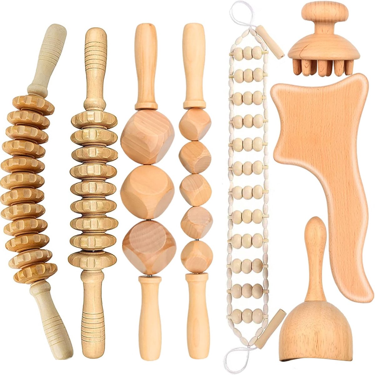 Thijox - 8 stuks Houten Massagegereedschap voor Houttherapie, Anti-Cellulitis Roller en Gua Sha Roller voor Volledige Lichaamspijnverlichting, Verbete
