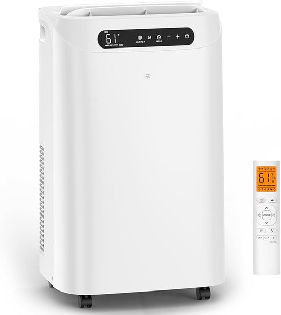 Witte mobiele airco met wieltjes en bijpassende afstandsbediening, voor een schone, moderne look.