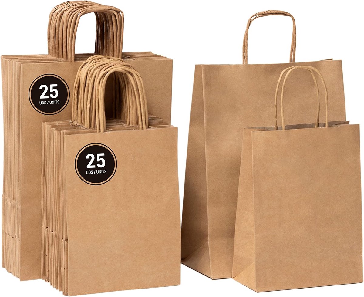 Thijox - 50 Papieren Draagtassen Kraft met Handgrepen | 25 Grote Zakken 32x24x11 cm & 25 Kleine Zakken 24x18x11 cm | Duurzame Papieren Verpakking voor