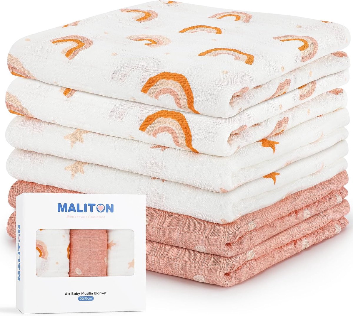 SnelShoppen - 6 Stuks Baby Doekjes, Burp Cloths, 70x70 cm, Muslin, Zacht, Absorberend en Ademend voor Schoonmaken, Wrijven en Bedekken van Pasgeborene