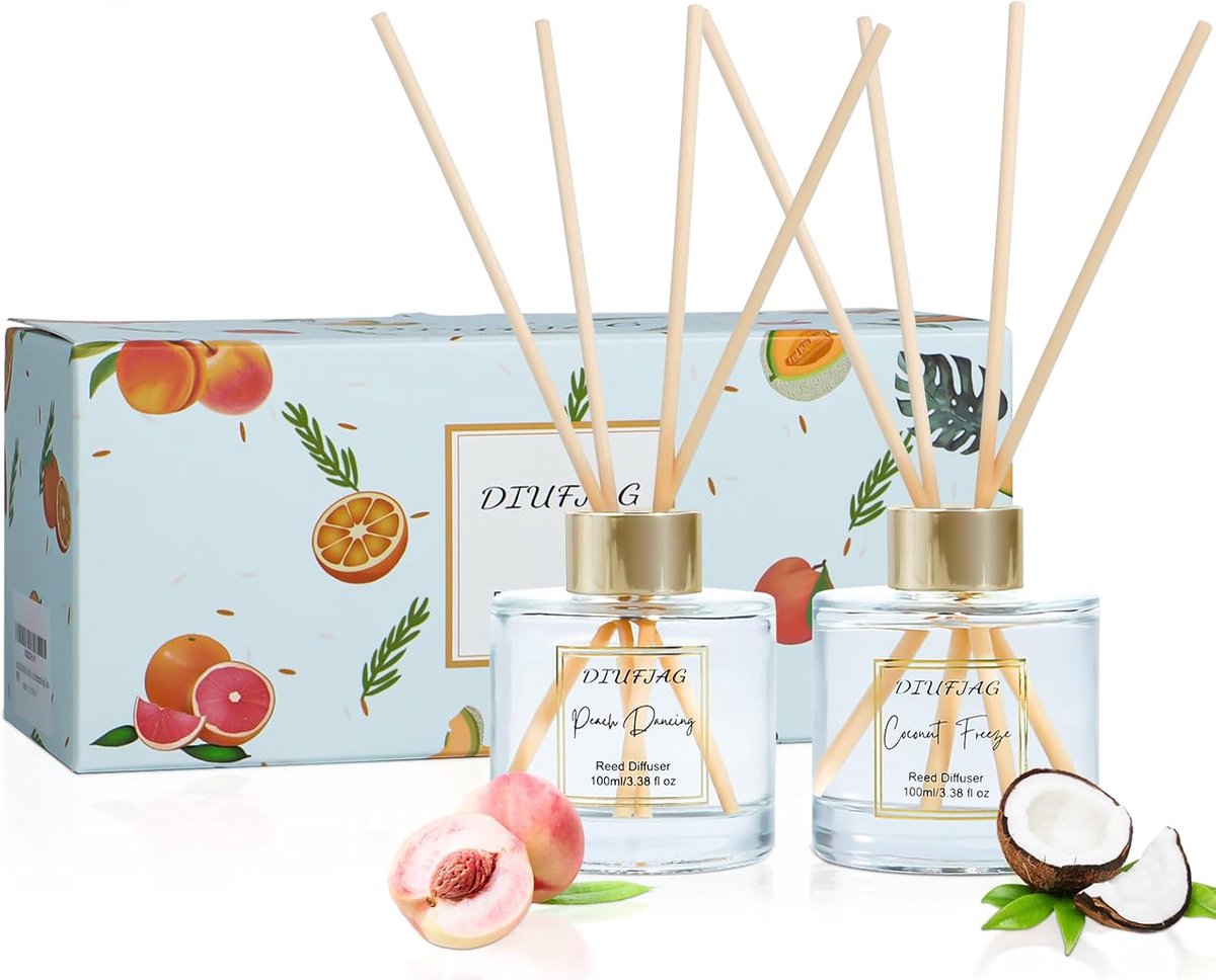 Thijox - Kamergeur Diffuser Kokosnoot/Perzik 2x100ml met 6 Geurstokjes - Aromatherapie Luchtverfrisser voor Slaapkamer, Badkamer, Kantoor, Plank Decor