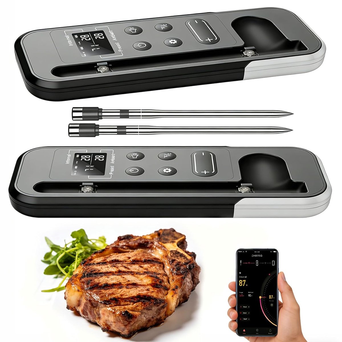 Thijox - Draadloze Vleesthermometer Bluetooth Barbecuethermometer met App, IP67 Waterdicht, Voor Oven, BBQ, Smoker, 2 Stuks, Max. 200m Bereik