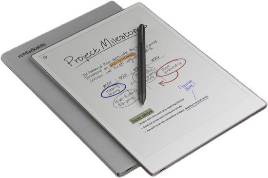 Grijze reMarkable tablet met een stoffen hoes, opengeklapt om het scherm 'Project Milestones' te tonen.