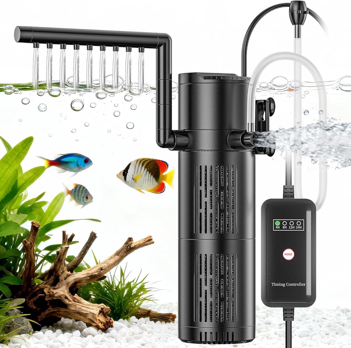 Thijox - Aquariumfilter 5-in-1 met UVC-zuiveraar 6W, Instelbare Doorstroming 800 l/u, Voor Aquaria van 40-1500 L, Efficiënt Waterzuiveringssysteem