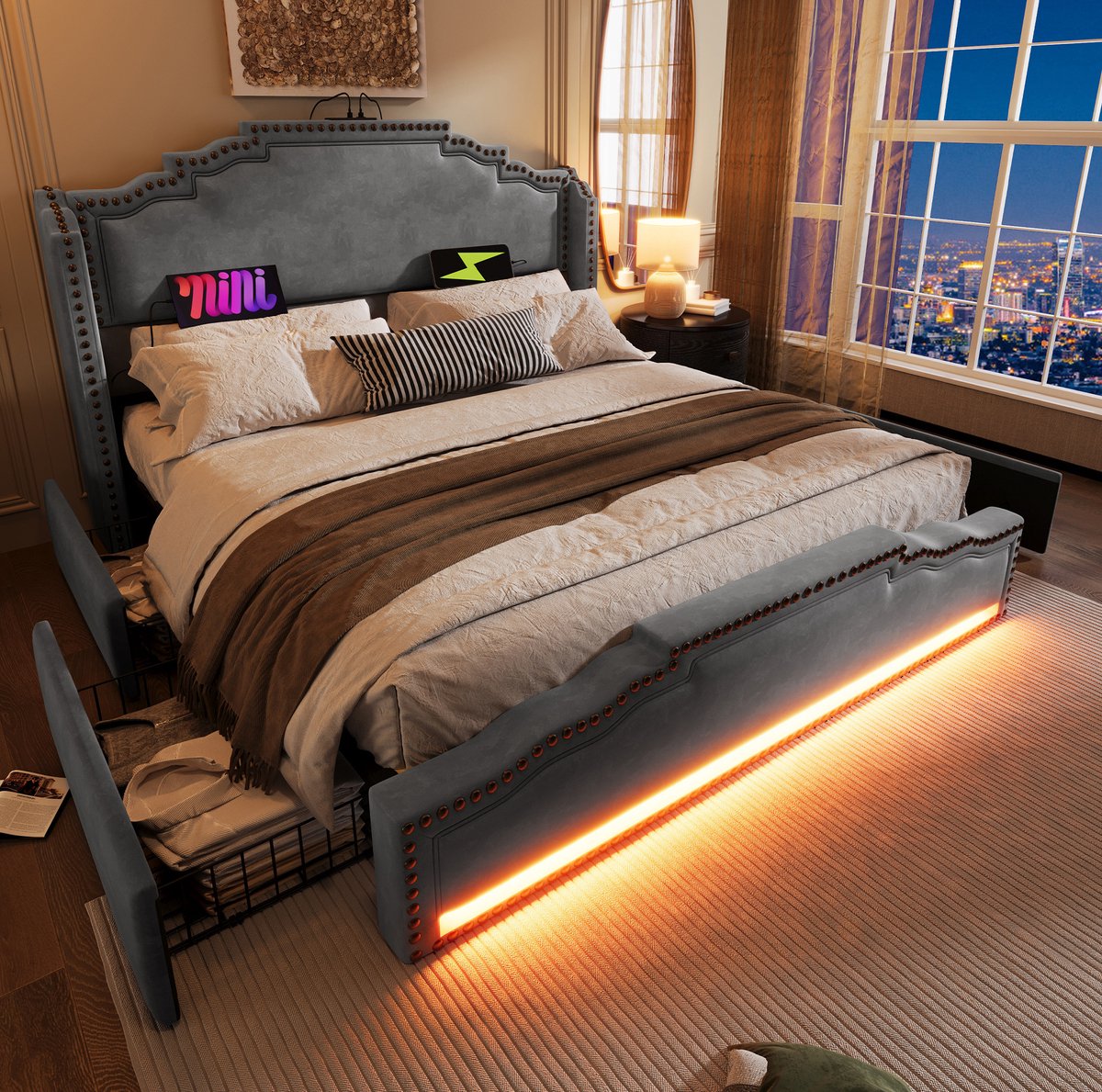 STILVORA Gestoffeerd Bed 180x200 cm – Tweepersoonsbed Met LED-Verlichting En USB-C-Laadpoort – 4 Opberglades – Voor Slaapkamer – Fluweel – Grijs – Zonder Matras