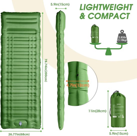 Zelfopblaasbare slaapmat - Luchtbed kamperen - Buiten slapen - 12 cm dik ingebouwde pomp - 195 x 66 cm - Groen — afbeelding 3