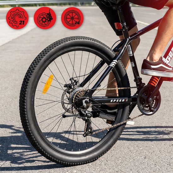 SUN BABY TIGER BIKE Mountainbike 26", MTB-fiets voor jongens en mannen, jeugd fiets 26 inch - stalen frame, 21 versnellingen, schijfremmen, vering - Zwart-Rood van Sun Baby — afbeelding 2