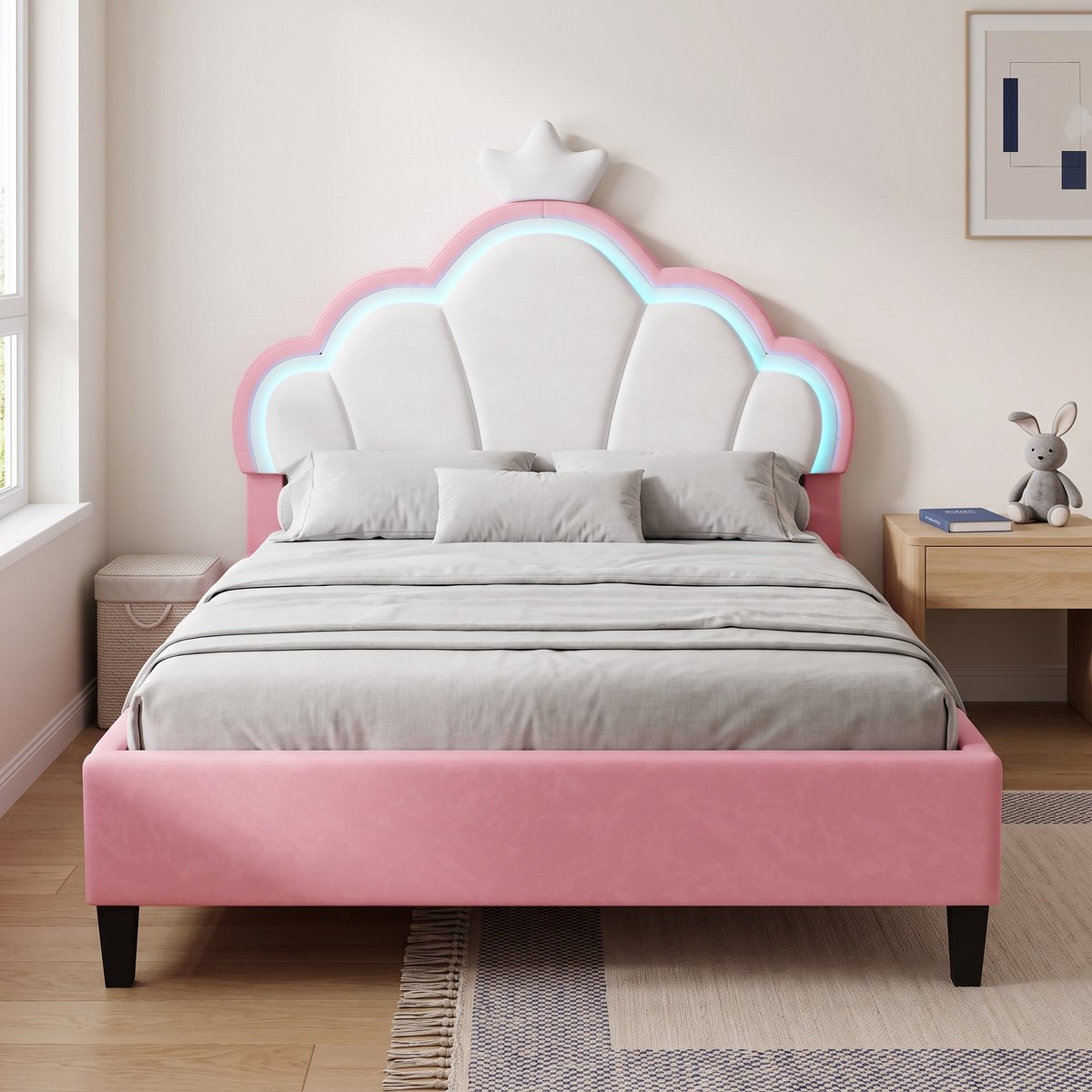 Gestoffeerd Kinderbed 140x190 cm - Tweepersoonsbed met LED-verlichting en verstelbaar hoofdbord - fluwelen bed - Roze en wit
