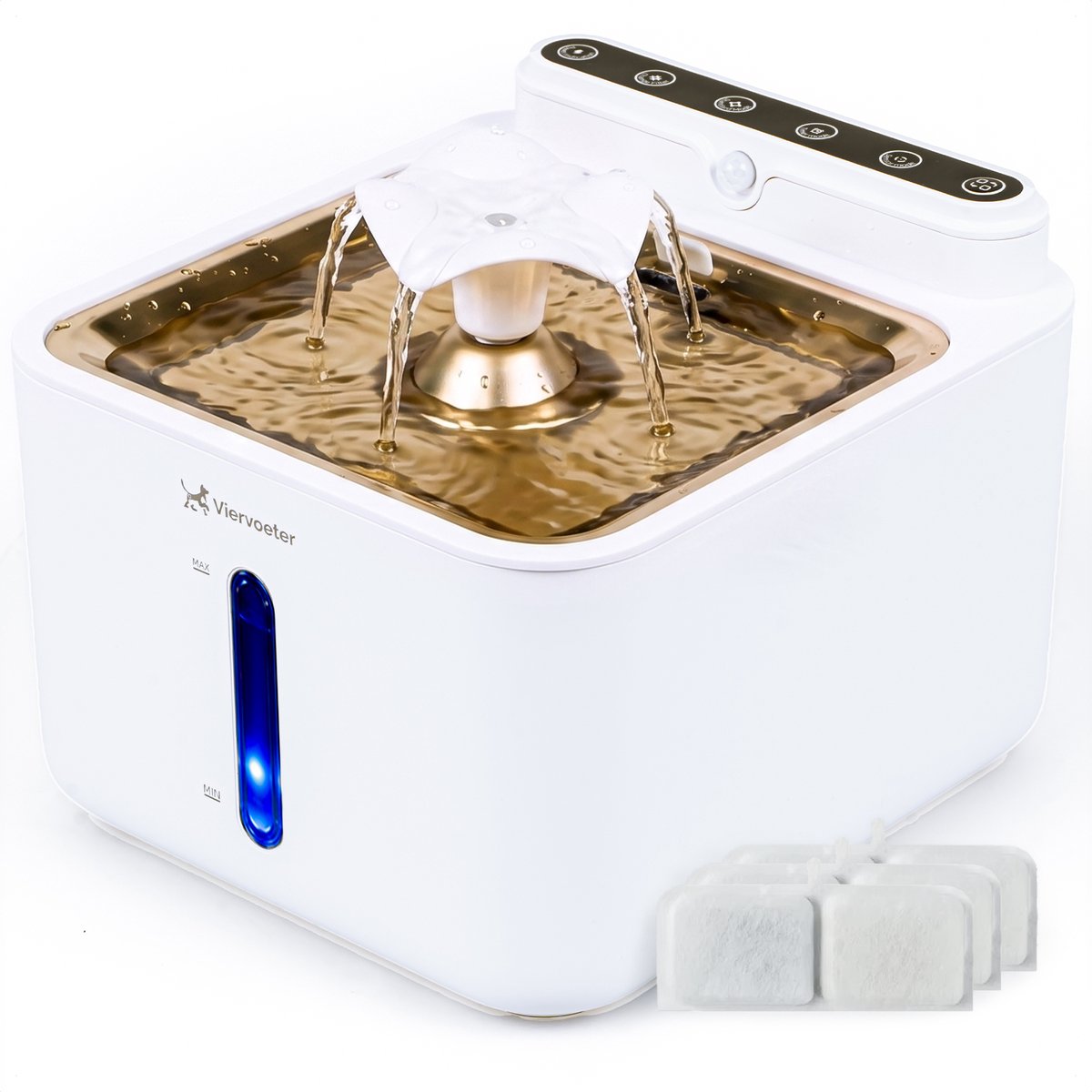 Viervoeter Draadloze Drinkfontein RVS Wit - Sensor Waterfontein voor Kat en Hond - Inclusief 3 filters - 3,2L - 30d batterijduur - Fluisterstil